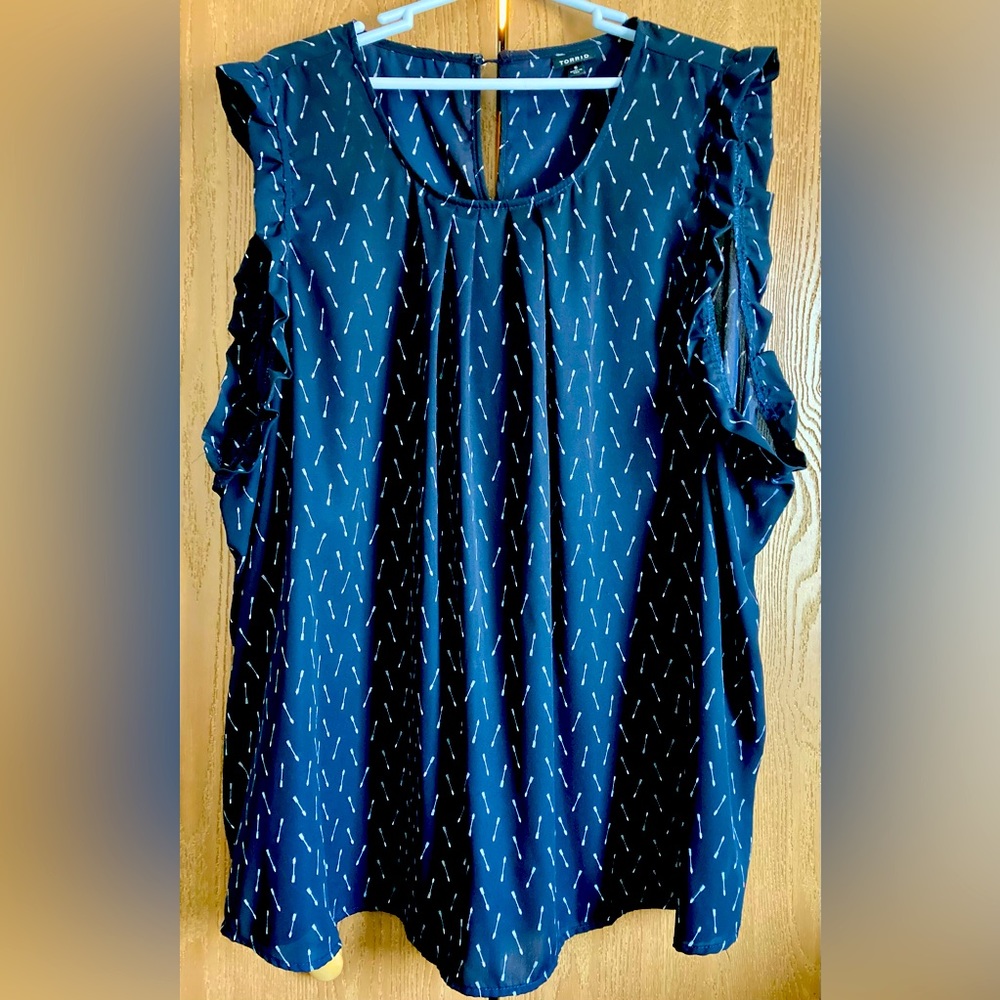 Torrid Blue Sleeveless Ruffled Blouse with Mandarin Collar